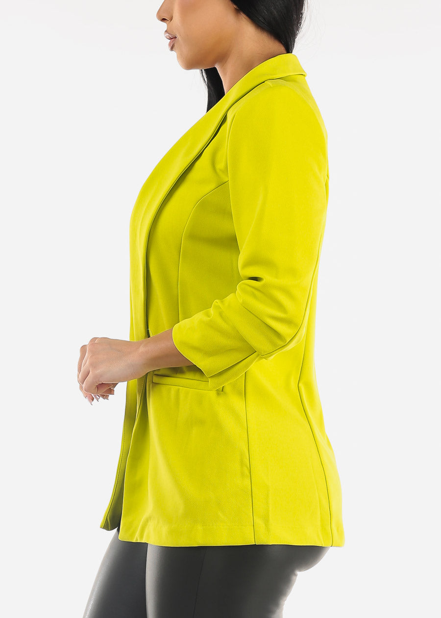 Ruched Quarter Sleeve Open Front Blazer Lime