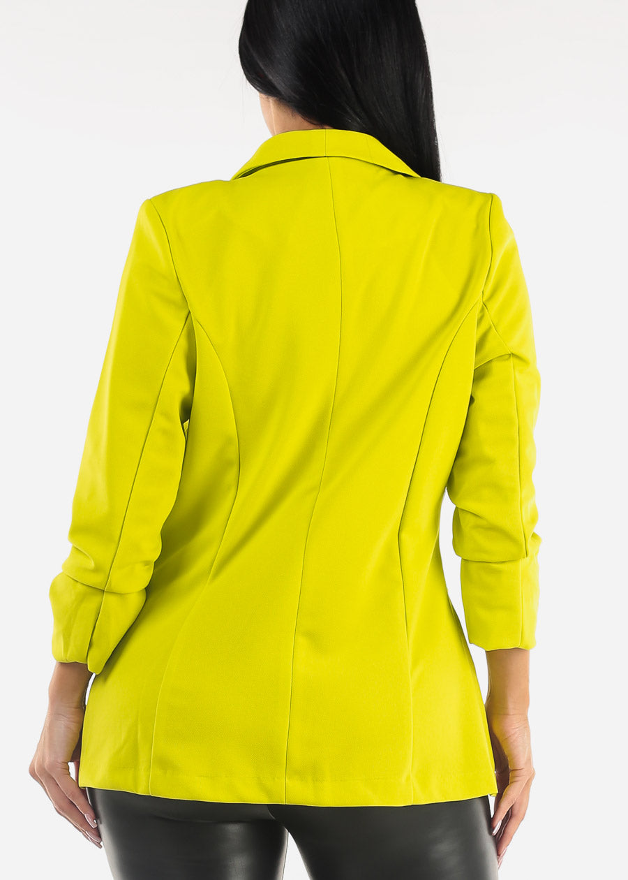 Ruched Quarter Sleeve Open Front Blazer Lime