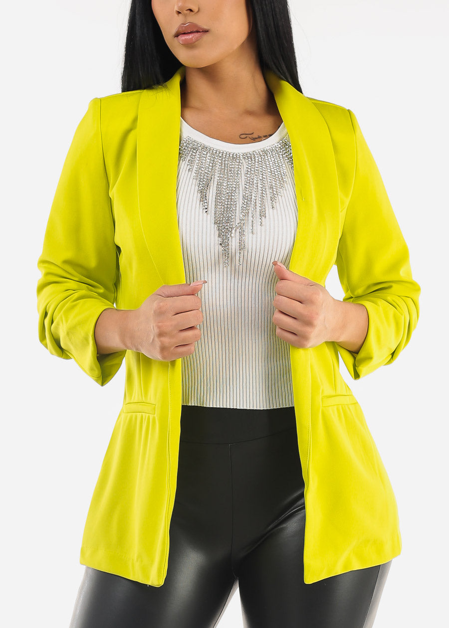 Ruched Quarter Sleeve Open Front Blazer Lime