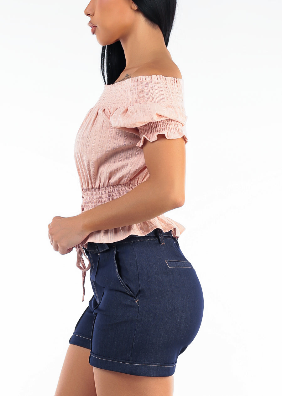 Off Shoulder Smocked Lace Up Cotton Blouse Light Peach