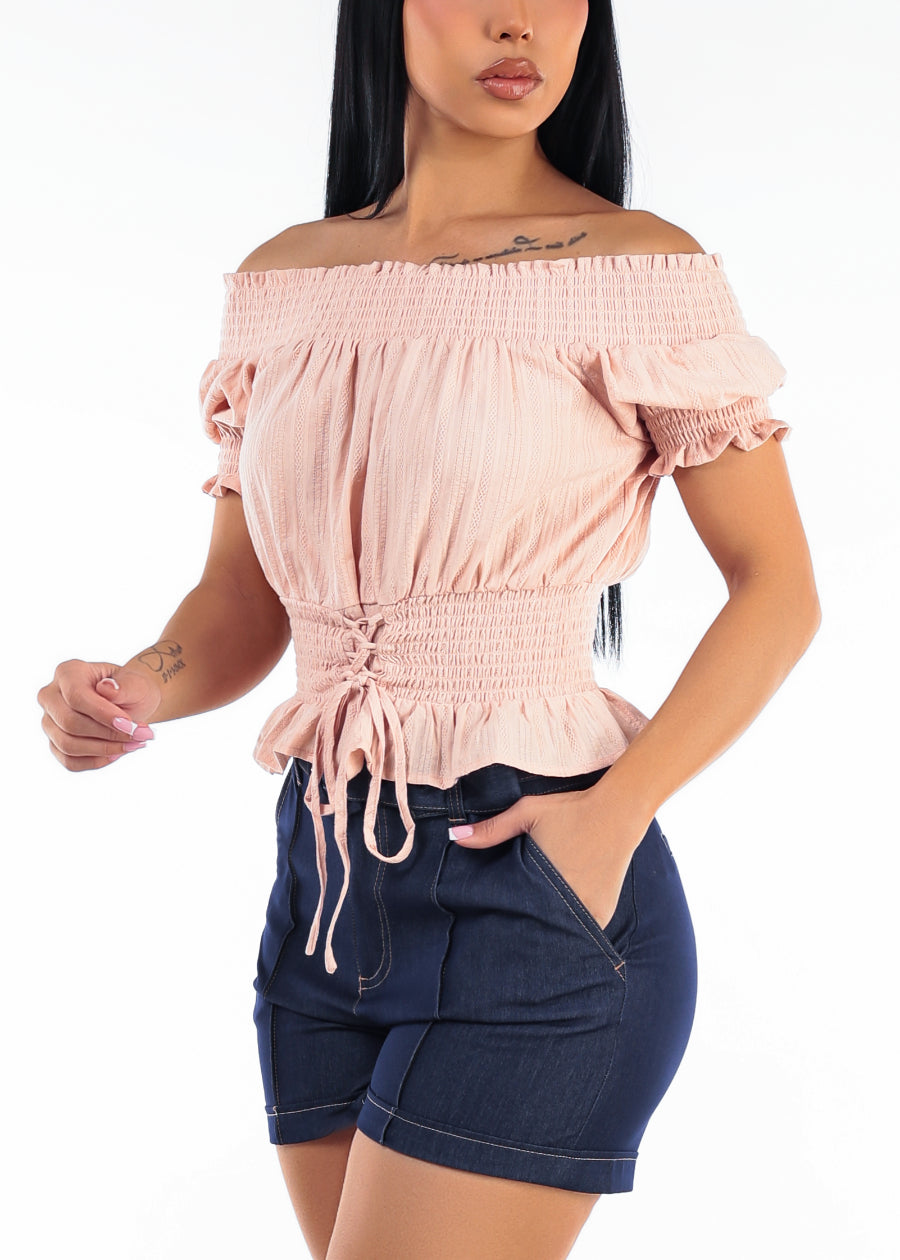 Off Shoulder Smocked Lace Up Cotton Blouse Light Peach