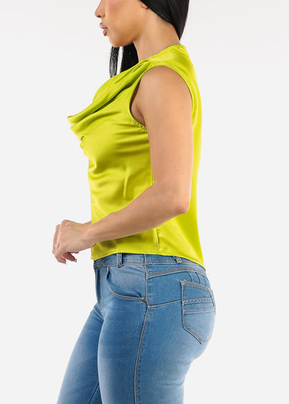 Sleeveless Cowl Neckline Satin Blouse Neon Lime