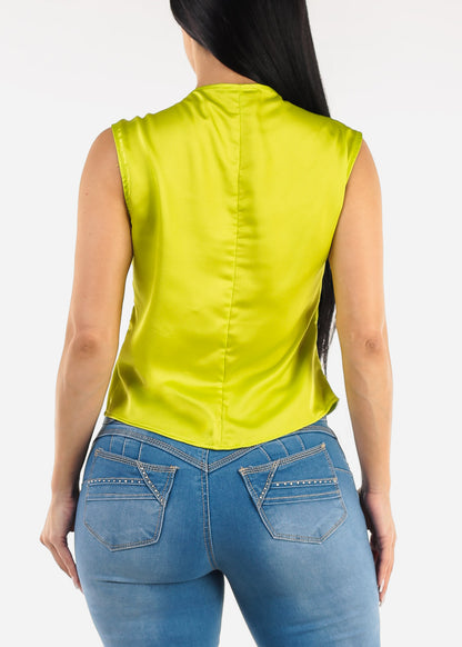 Sleeveless Cowl Neckline Satin Blouse Neon Lime
