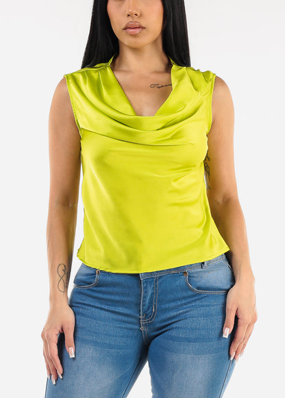 Sleeveless Cowl Neckline Satin Blouse Neon Lime