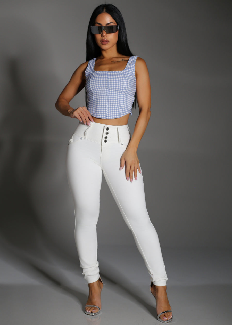 Sleeveless Square Neck Plaid Stretch Crop Top Light Blue