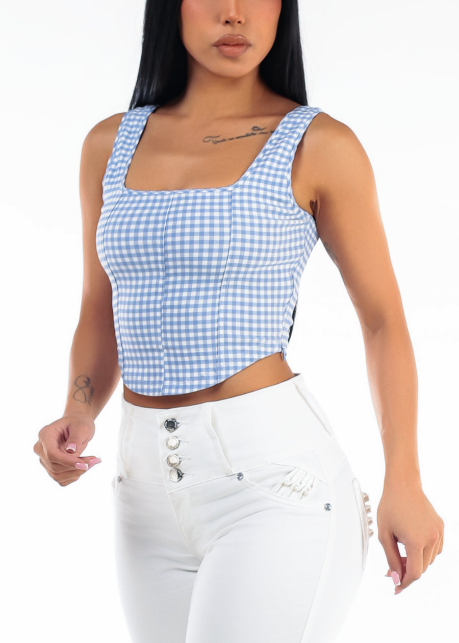 Sleeveless Square Neck Plaid Stretch Crop Top Light Blue