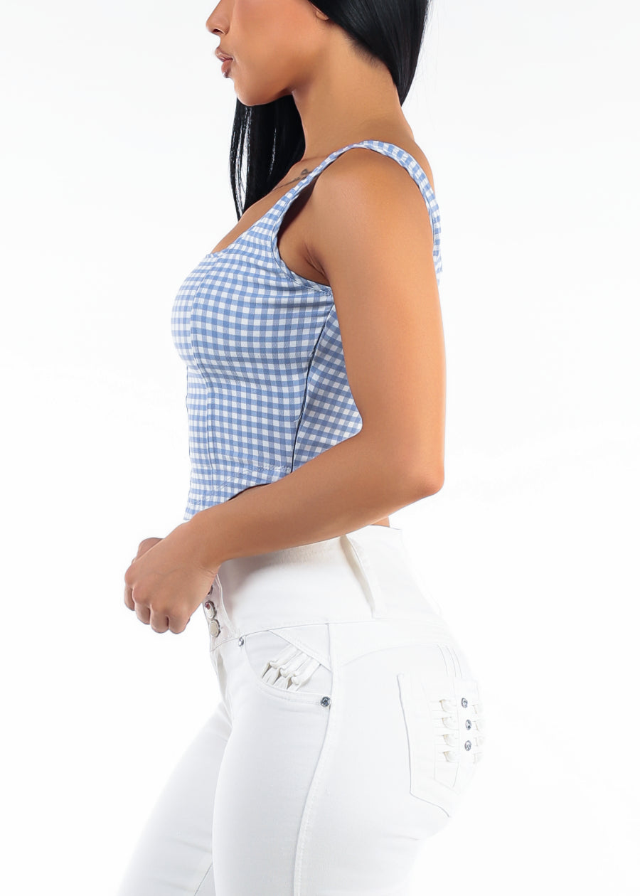 Sleeveless Square Neck Plaid Stretch Crop Top Light Blue