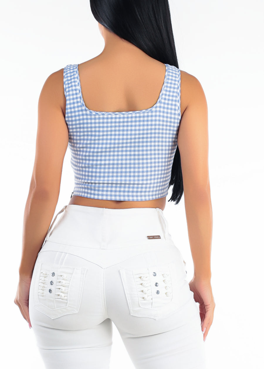 Sleeveless Square Neck Plaid Stretch Crop Top Light Blue