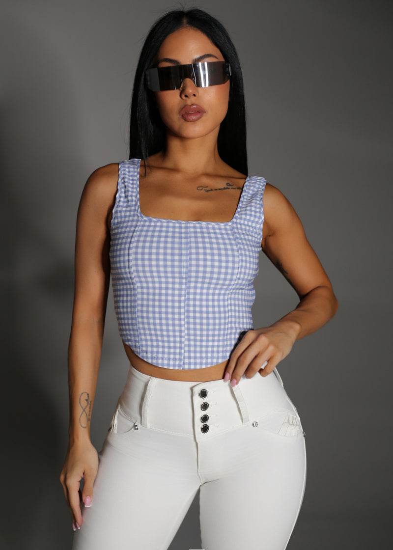Sleeveless Square Neck Plaid Stretch Crop Top Light Blue