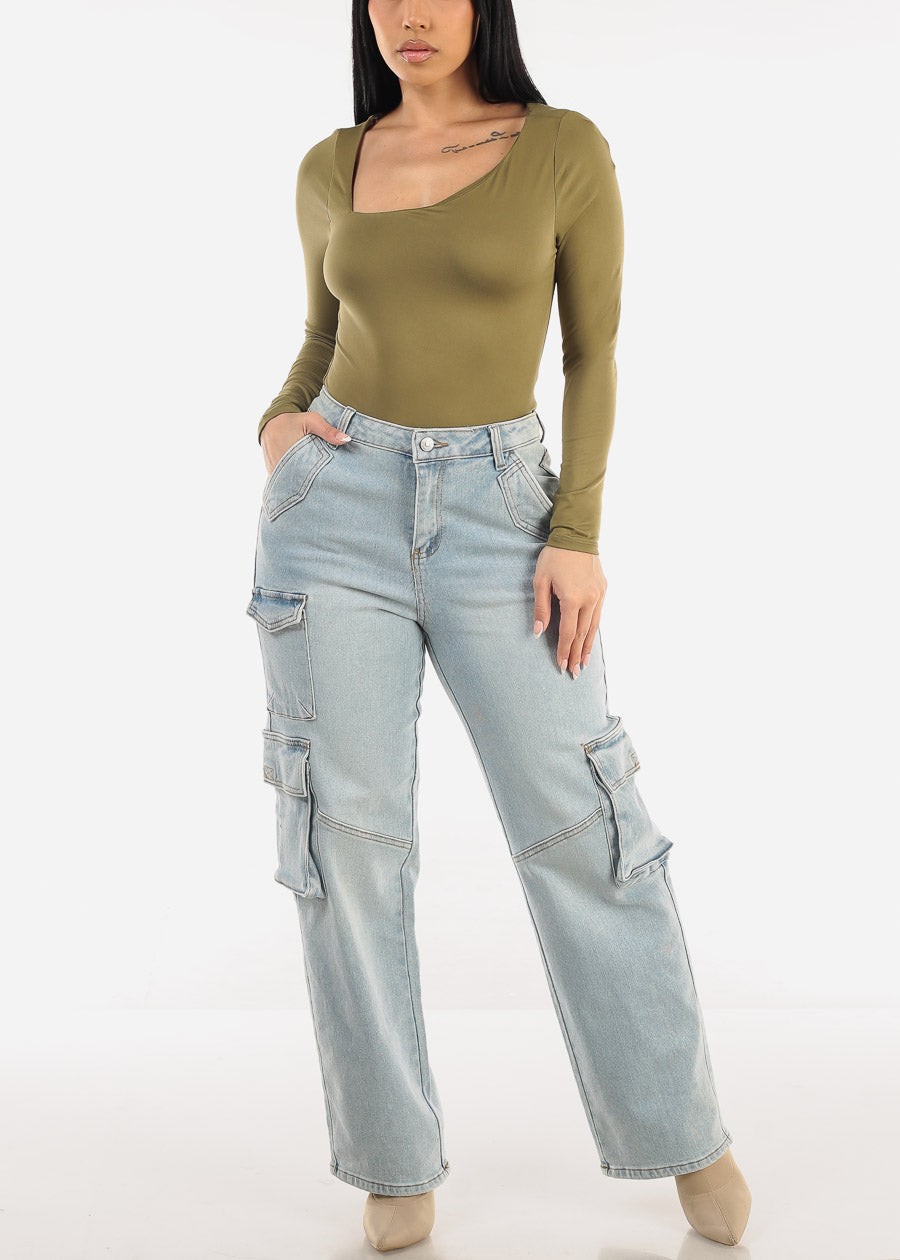 Long Sleeve Asymmetrical Neckline Top Olive