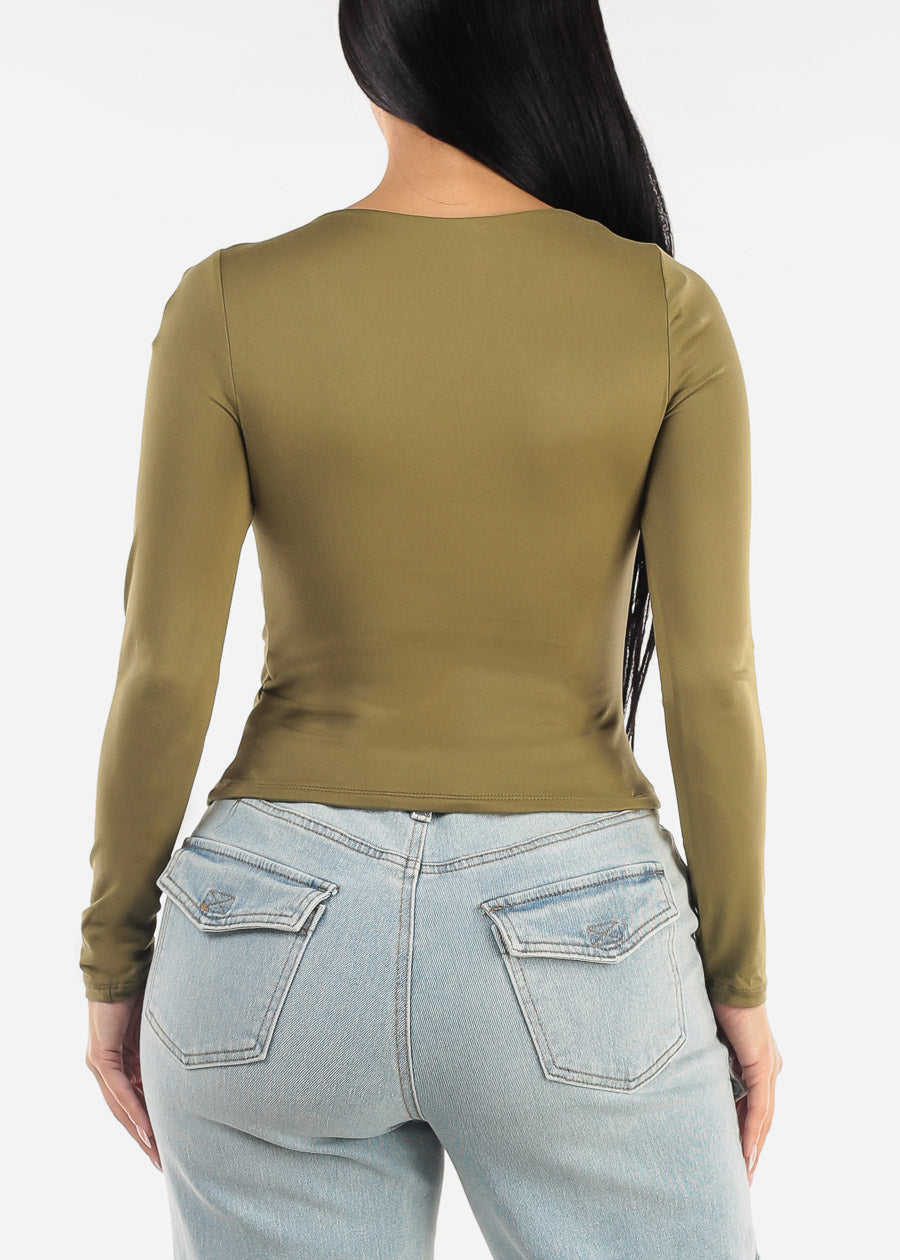 Long Sleeve Asymmetrical Neckline Top Olive