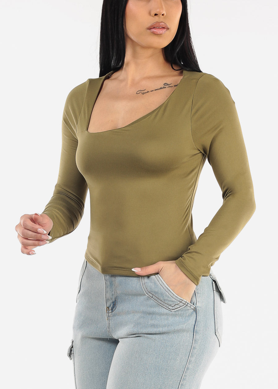 Long Sleeve Asymmetrical Neckline Top Olive