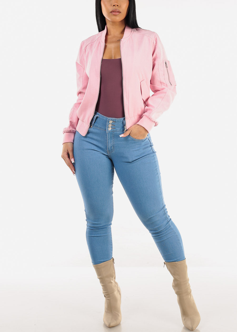 Long Sleeve Zip Up Bomber Jacket Light Pink