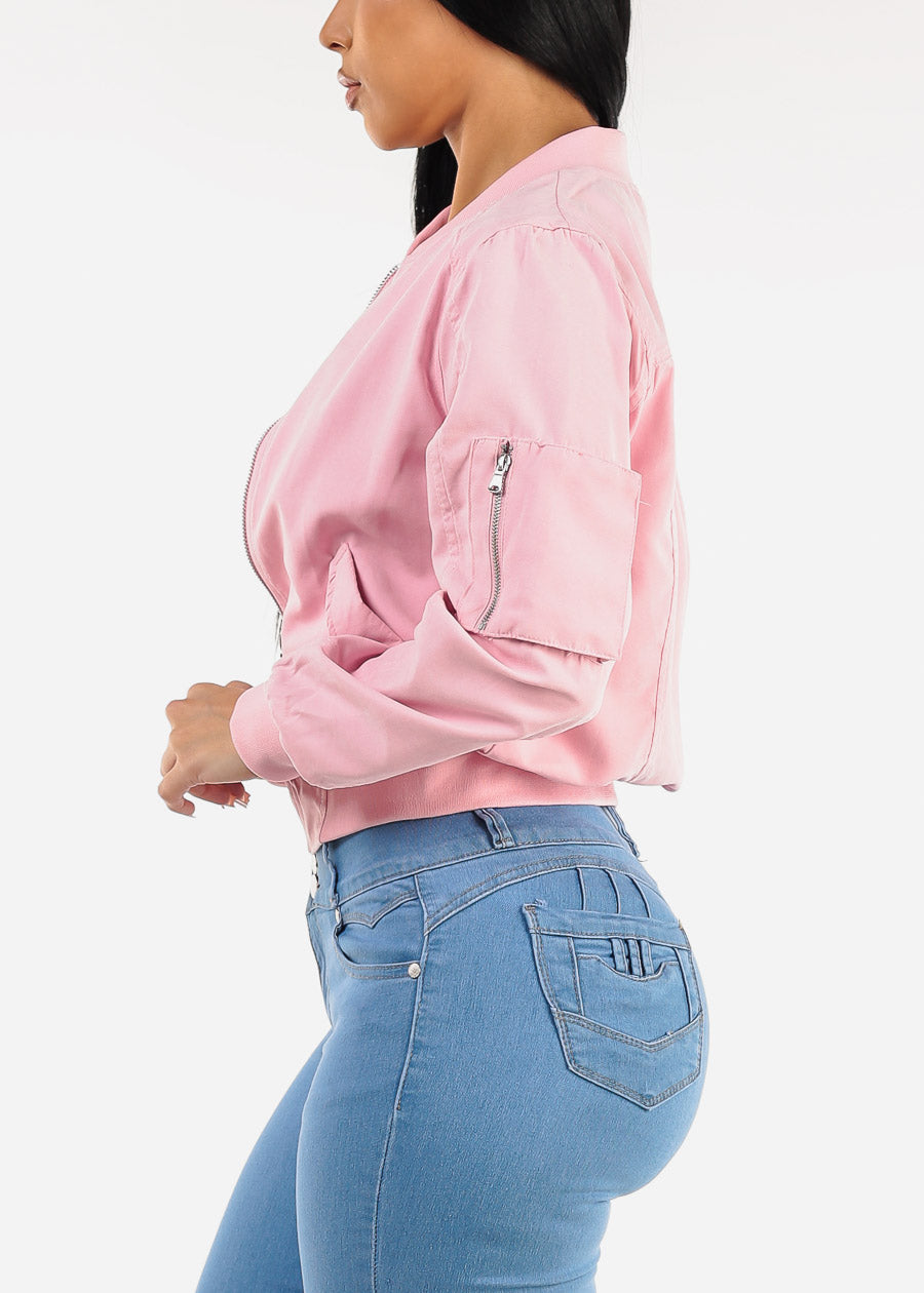 Long Sleeve Zip Up Bomber Jacket Light Pink