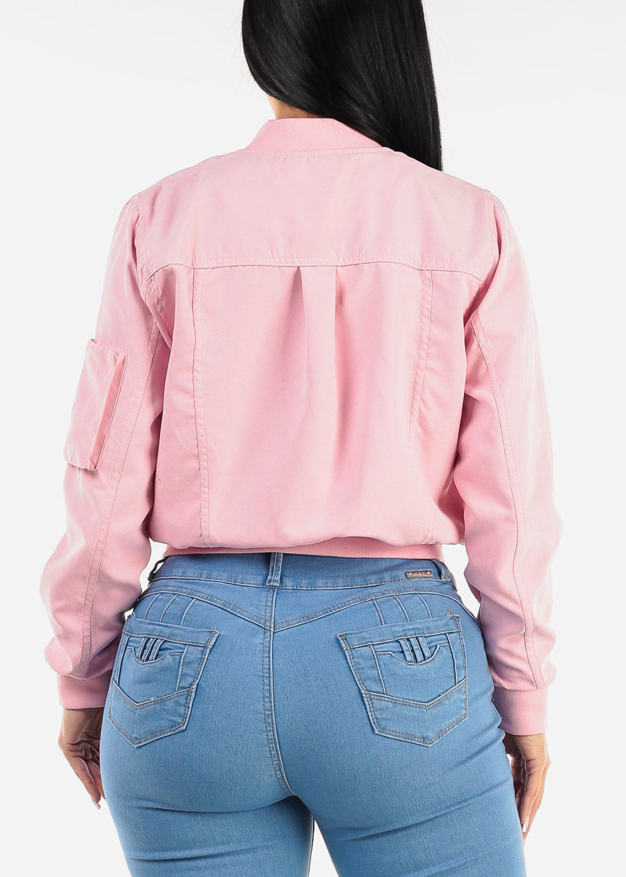 Long Sleeve Zip Up Bomber Jacket Light Pink