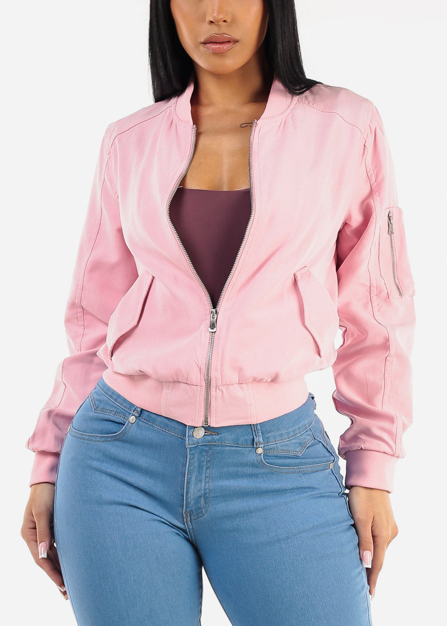 Long Sleeve Zip Up Bomber Jacket Light Pink