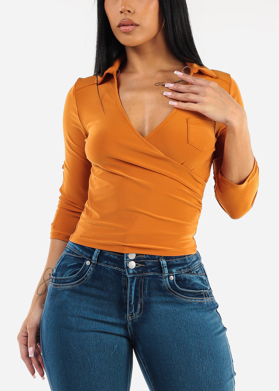 Quarter Sleeve Surplice Blouse Orange