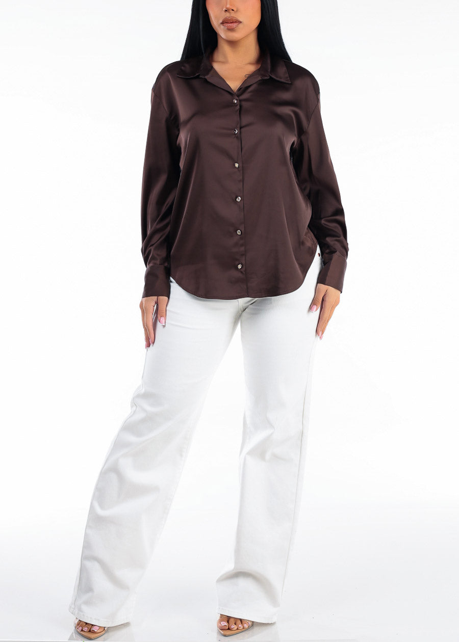 Long Sleeve Button Up Stretch Satin Collared Blouse Brown