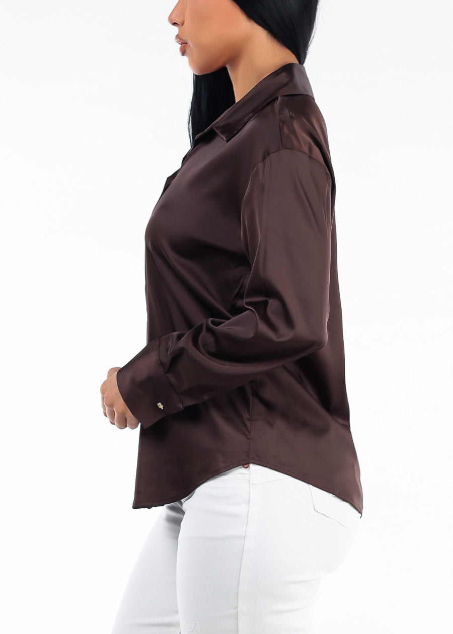Long Sleeve Button Up Stretch Satin Collared Blouse Brown