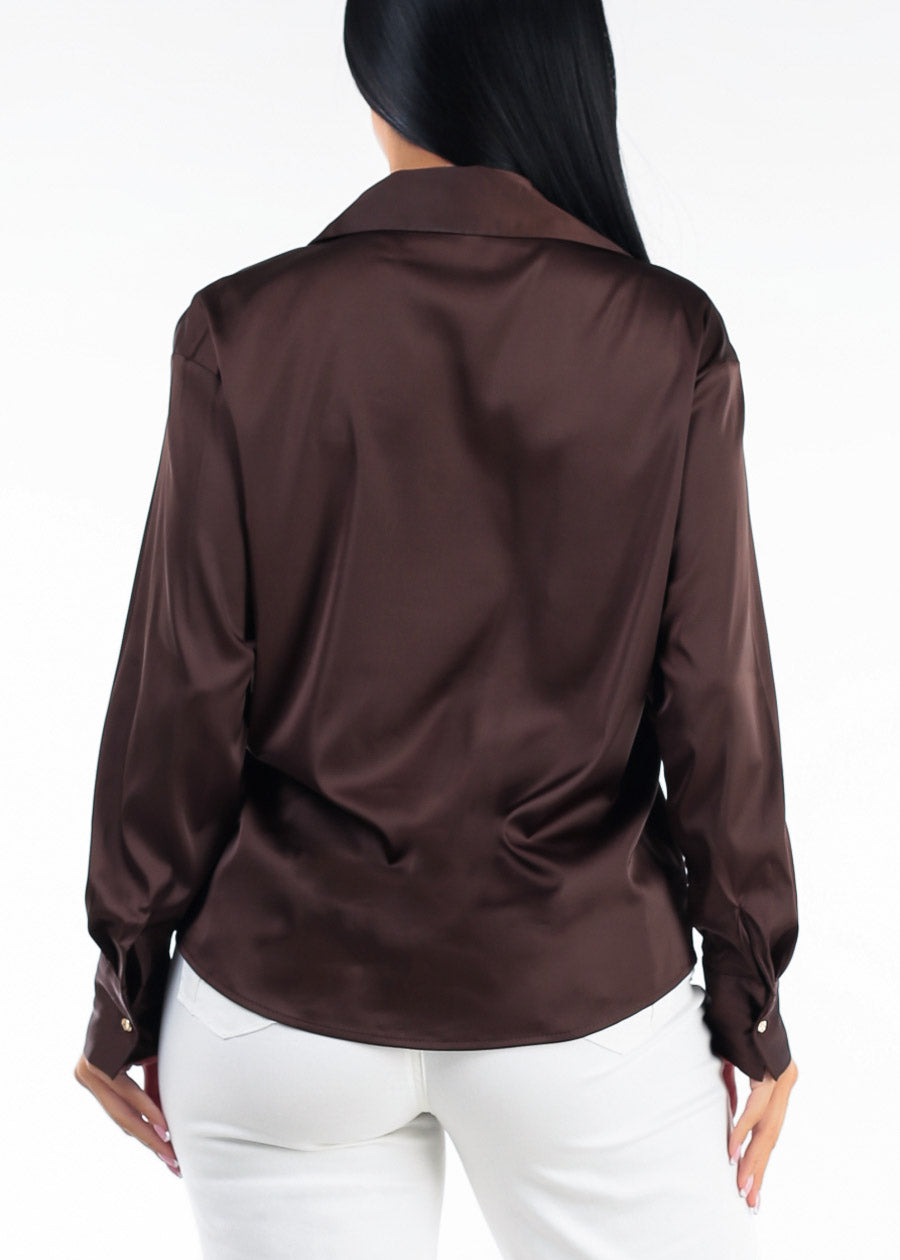 Long Sleeve Button Up Stretch Satin Collared Blouse Brown