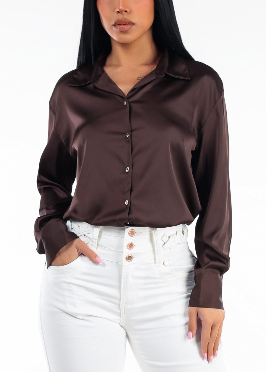 Long Sleeve Button Up Stretch Satin Collared Blouse Brown