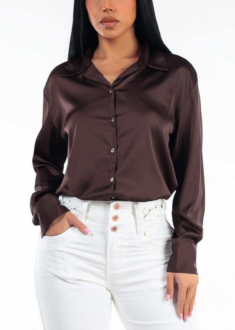 Long Sleeve Button Up Stretch Satin Collared Blouse Brown