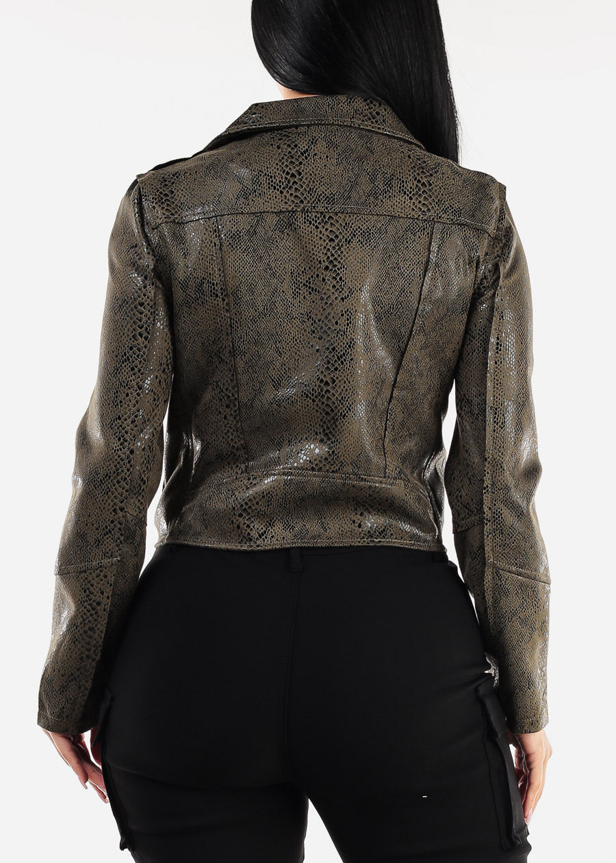 Long Sleeve Snake Print Moto Jacket Olive