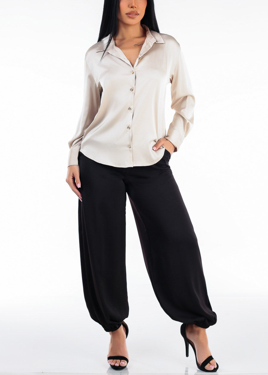 Long Sleeve Button Up Stretch Satin Collared Blouse Beige