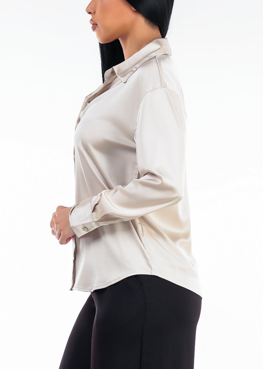 Long Sleeve Button Up Stretch Satin Collared Blouse Beige