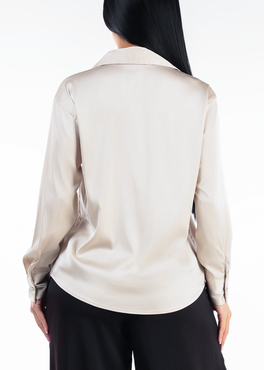 Long Sleeve Button Up Stretch Satin Collared Blouse Beige