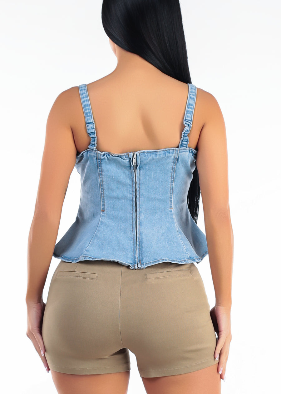 Sleeveless Stretch Denim Peplum Blouse Light Blue