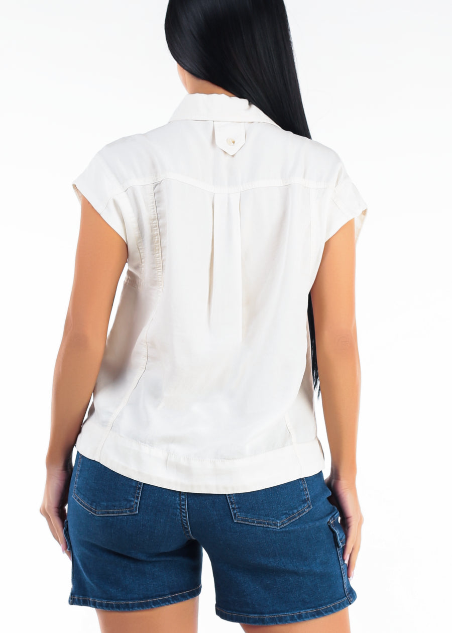 Sleeveless Button Up Tencel Collared Blouse Ivory