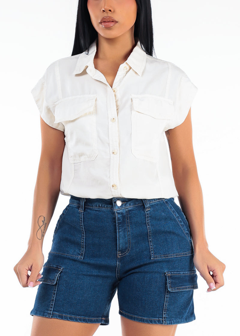 Sleeveless Button Up Tencel Collared Blouse Ivory