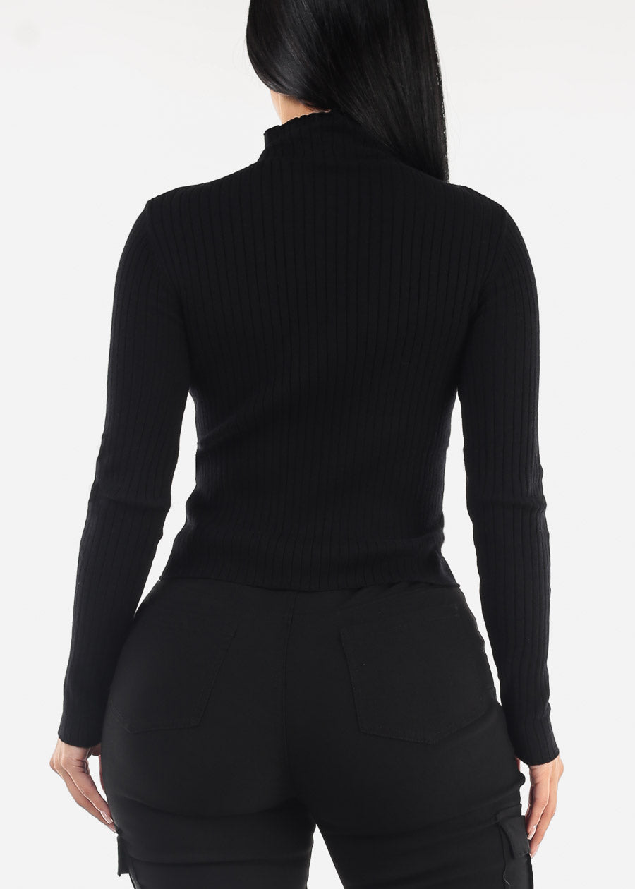 Black Mock Neck Rib Knit Sweater Top