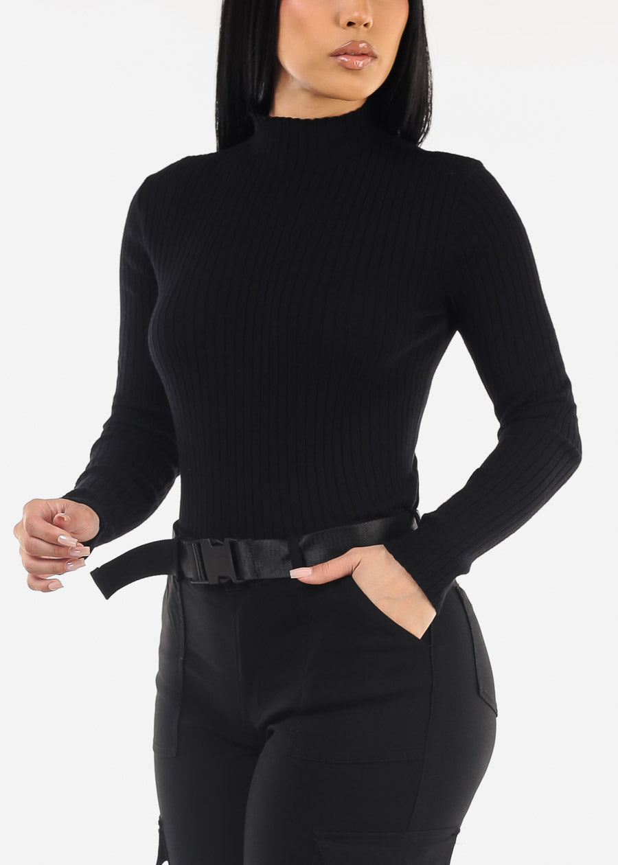 Black Mock Neck Rib Knit Sweater Top 