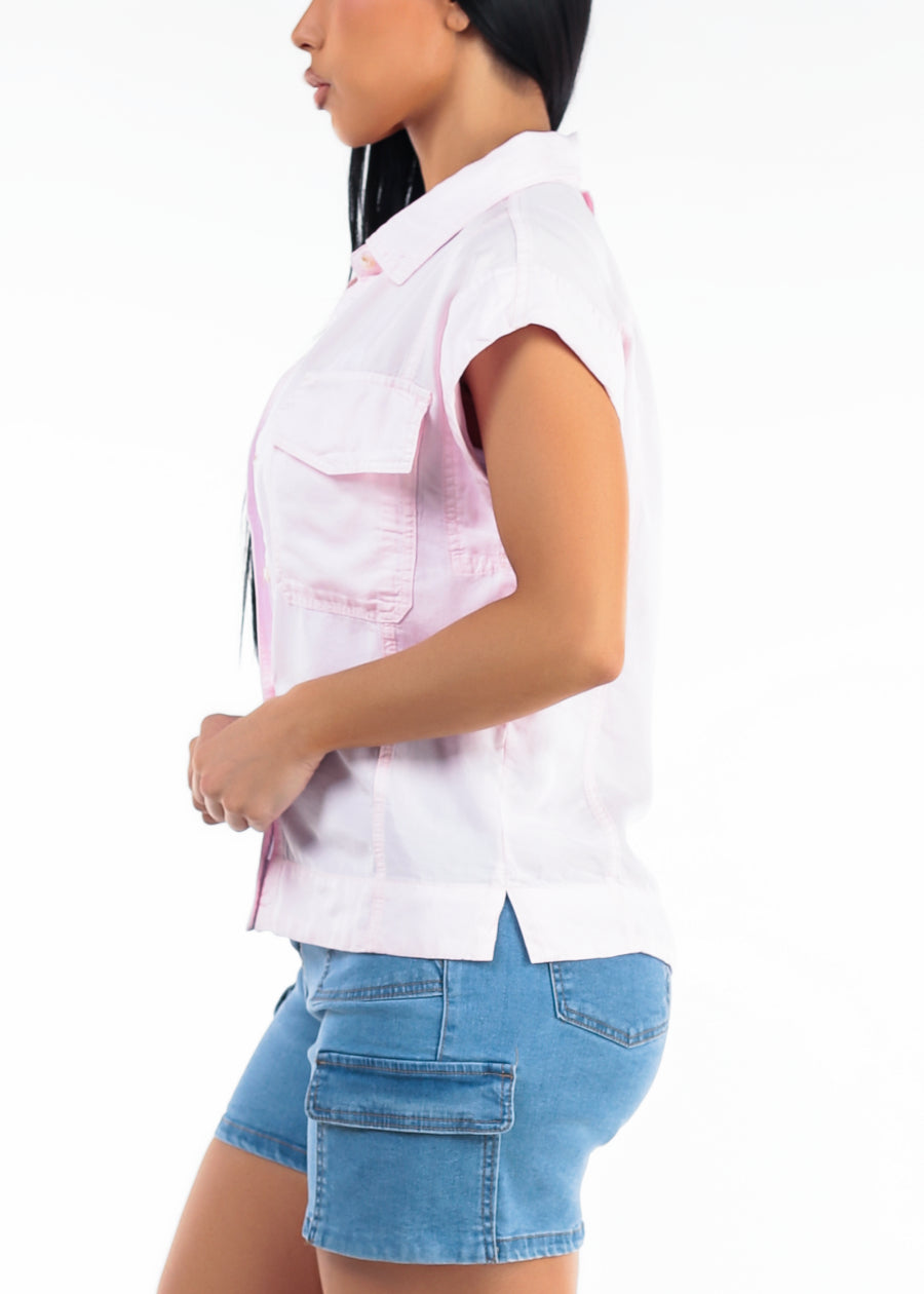 Sleeveless Button Up Tencel Collared Blouse Light Pink