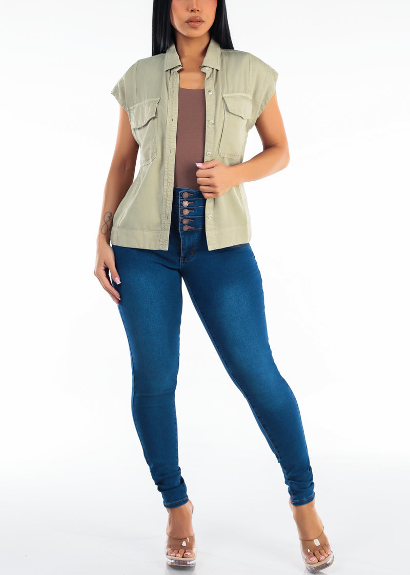 Sleeveless Button Up Tencel Collared Blouse Olive