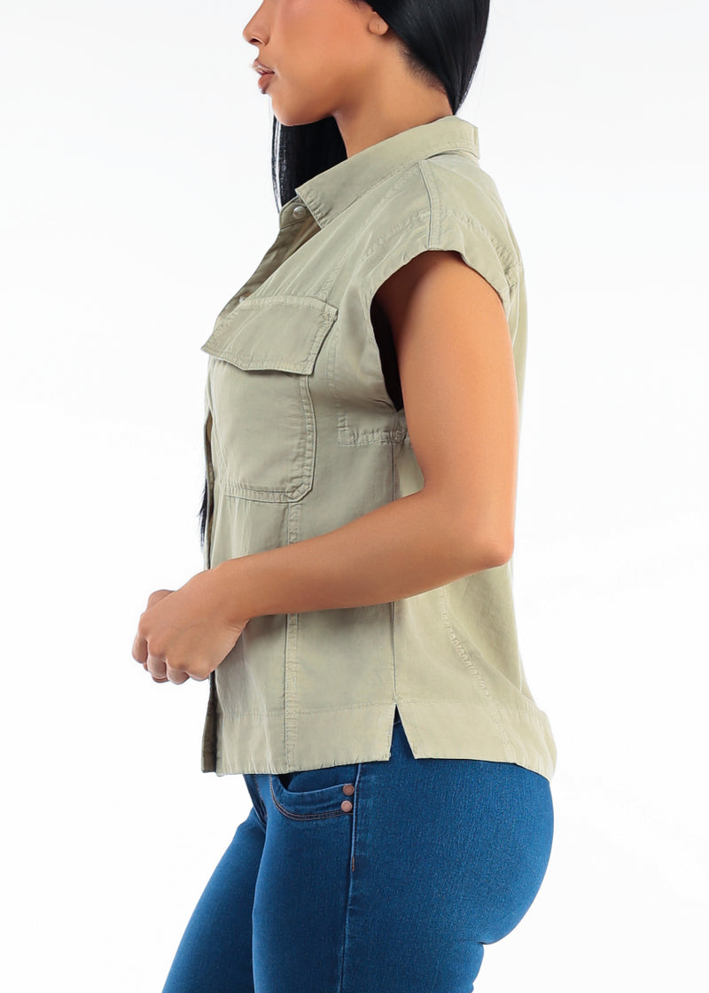 Sleeveless Button Up Tencel Collared Blouse Olive