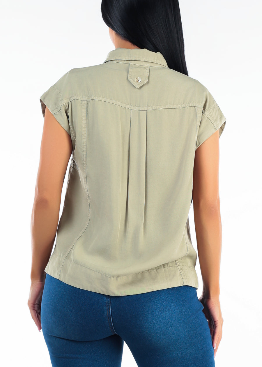 Sleeveless Button Up Tencel Collared Blouse Olive