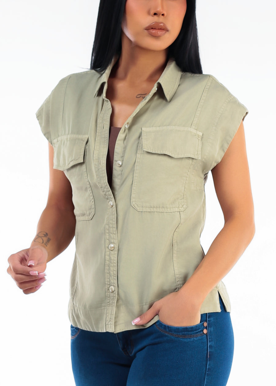 Sleeveless Button Up Tencel Collared Blouse Olive