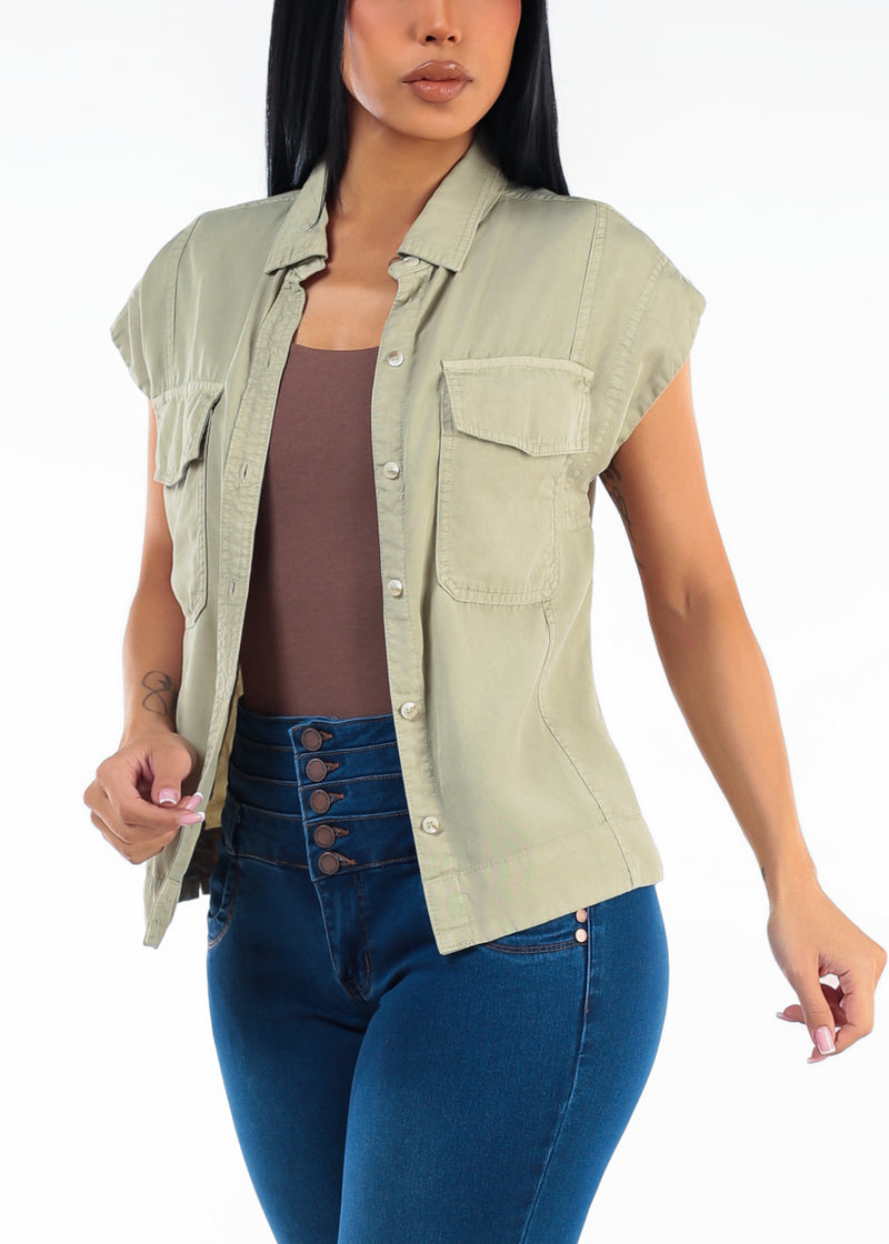Sleeveless Button Up Tencel Collared Blouse Olive