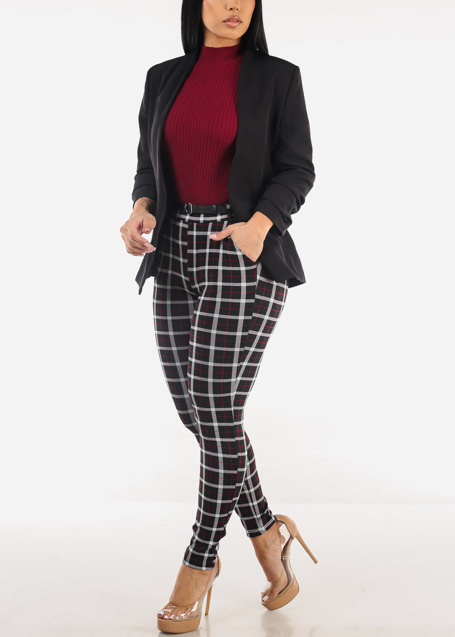 Open Front Ruched Quarter Sleeve Black Blazer