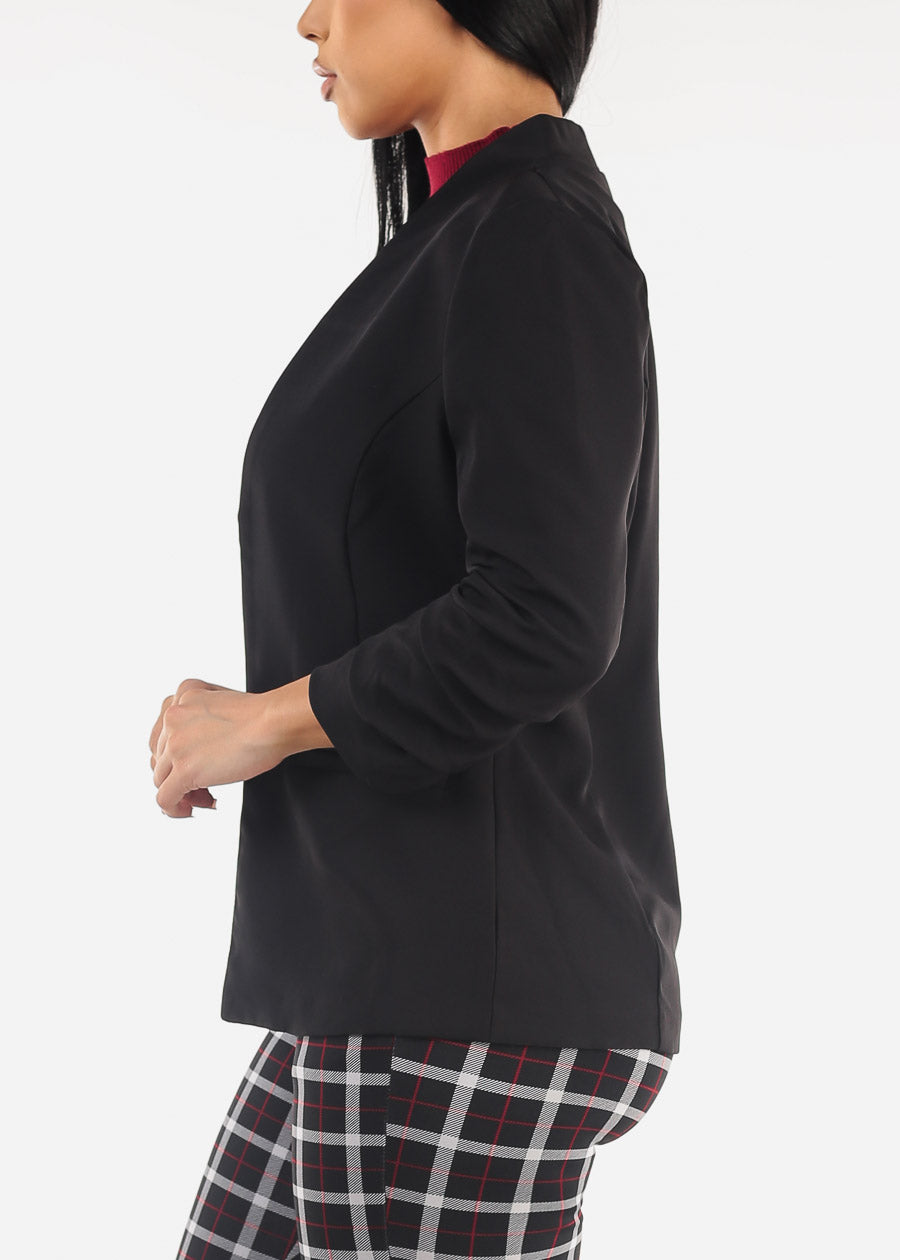 Open Front Ruched Quarter Sleeve Black Blazer