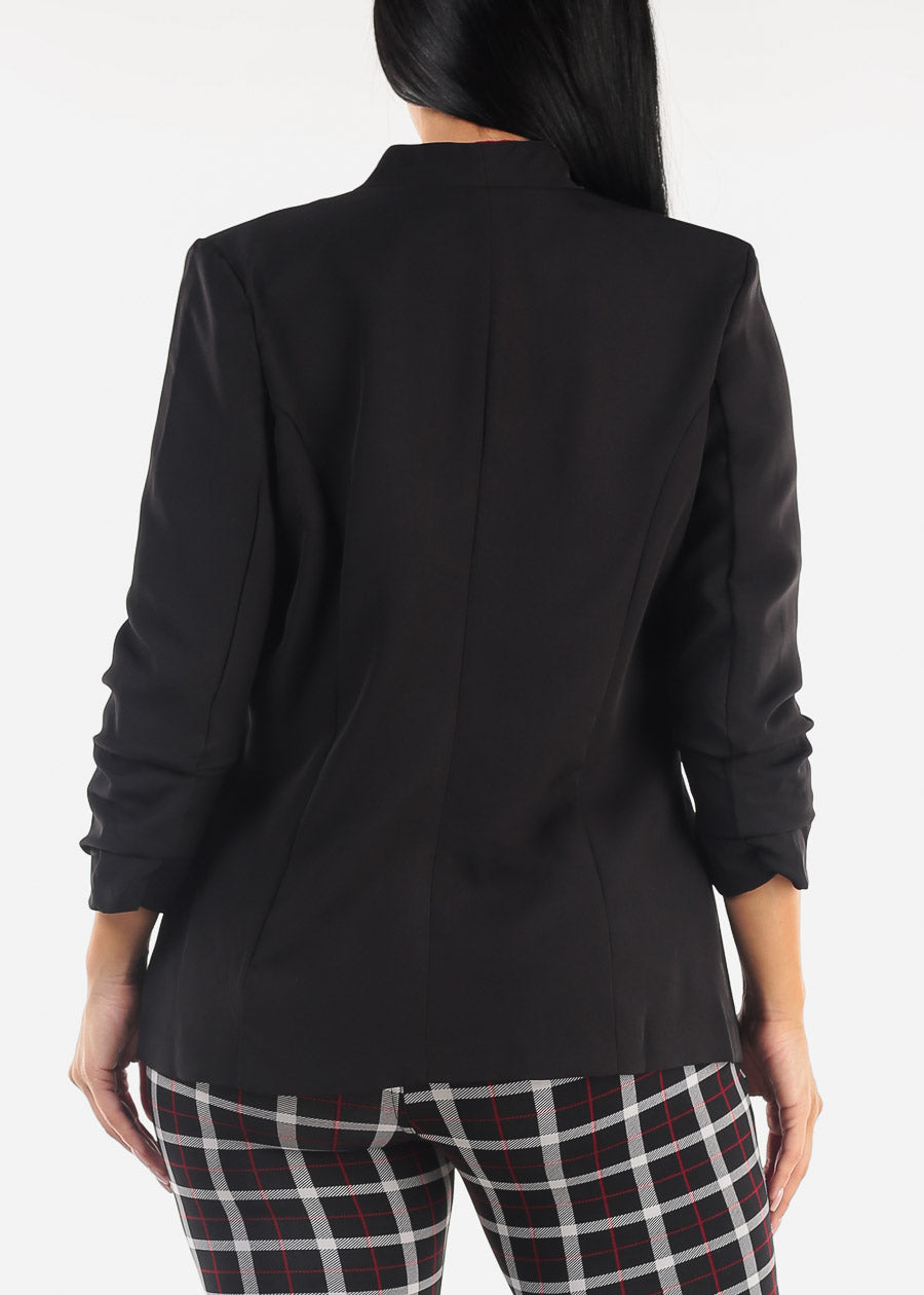 Open Front Ruched Quarter Sleeve Black Blazer