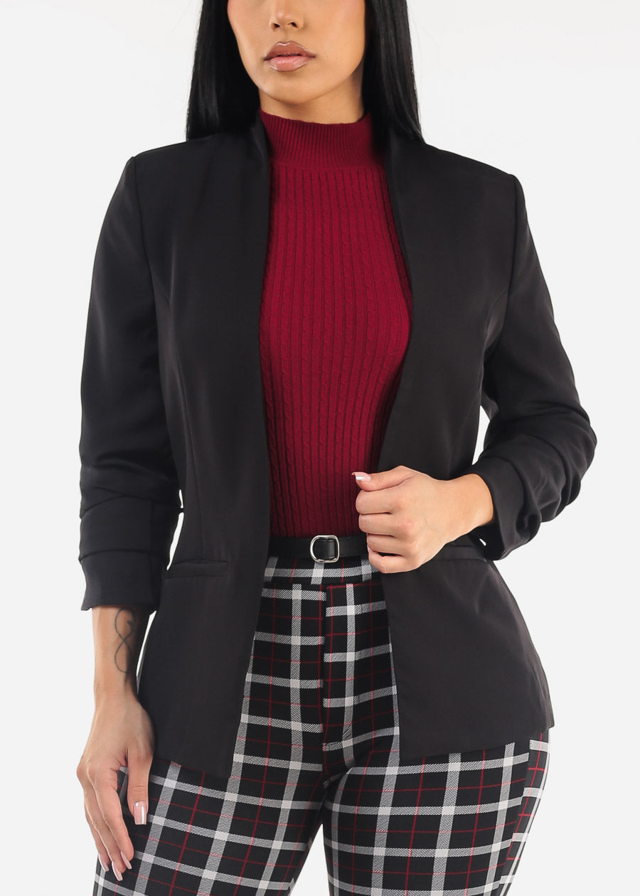 Open Front Ruched Quarter Sleeve Black Blazer