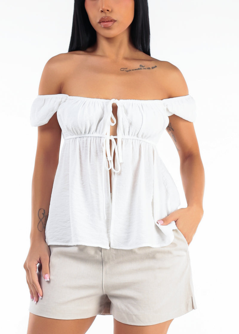 Off Shoulder Tie Front White Blouse