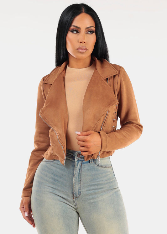 Zip Up Suede Moto Jacket Khaki w Lace Up Sides