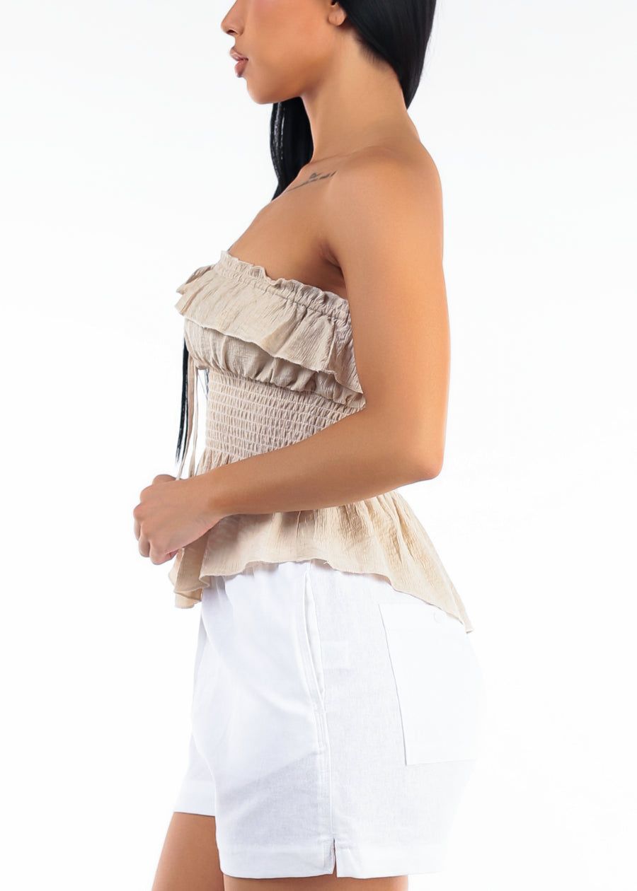 Strapless Ruffle Smocked Stretch Blouse Beige