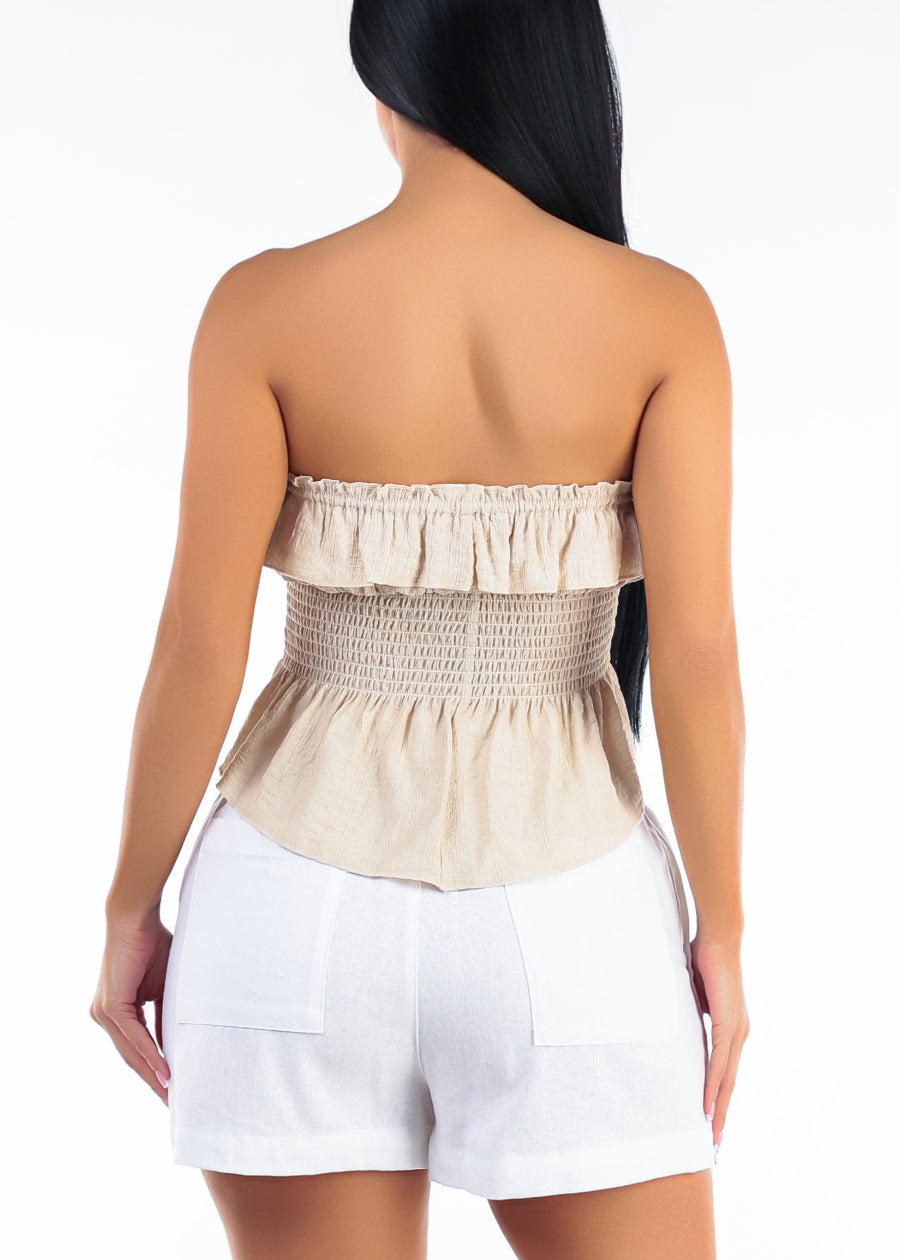 Strapless Ruffle Smocked Stretch Blouse Beige