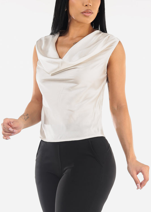 Sleeveless Cowl Neckline Satin Blouse Ivory